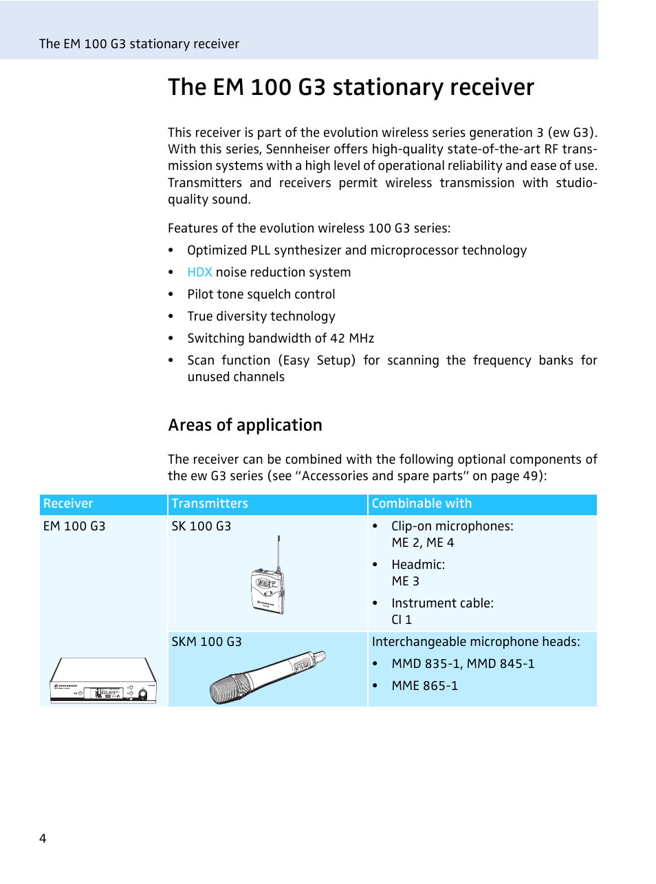 The em 100 g3 stationary receiver, Areas of application | Sennheiser evolution wireless series EM 100 User Manual | Page 5 / 59