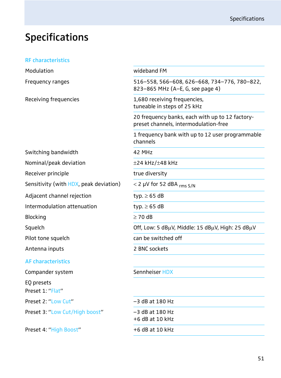 Specifications | Sennheiser evolution wireless series EM 100 User Manual | Page 52 / 59