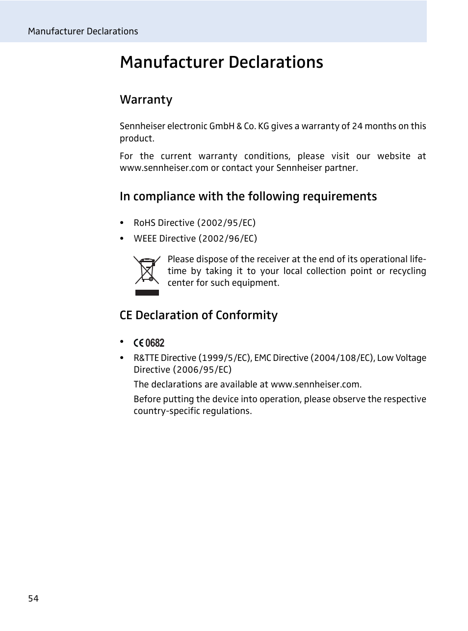 Manufacturer declarations, Warranty, Ce declaration of conformity | Sennheiser evolution wireless series EM 100 User Manual | Page 55 / 59