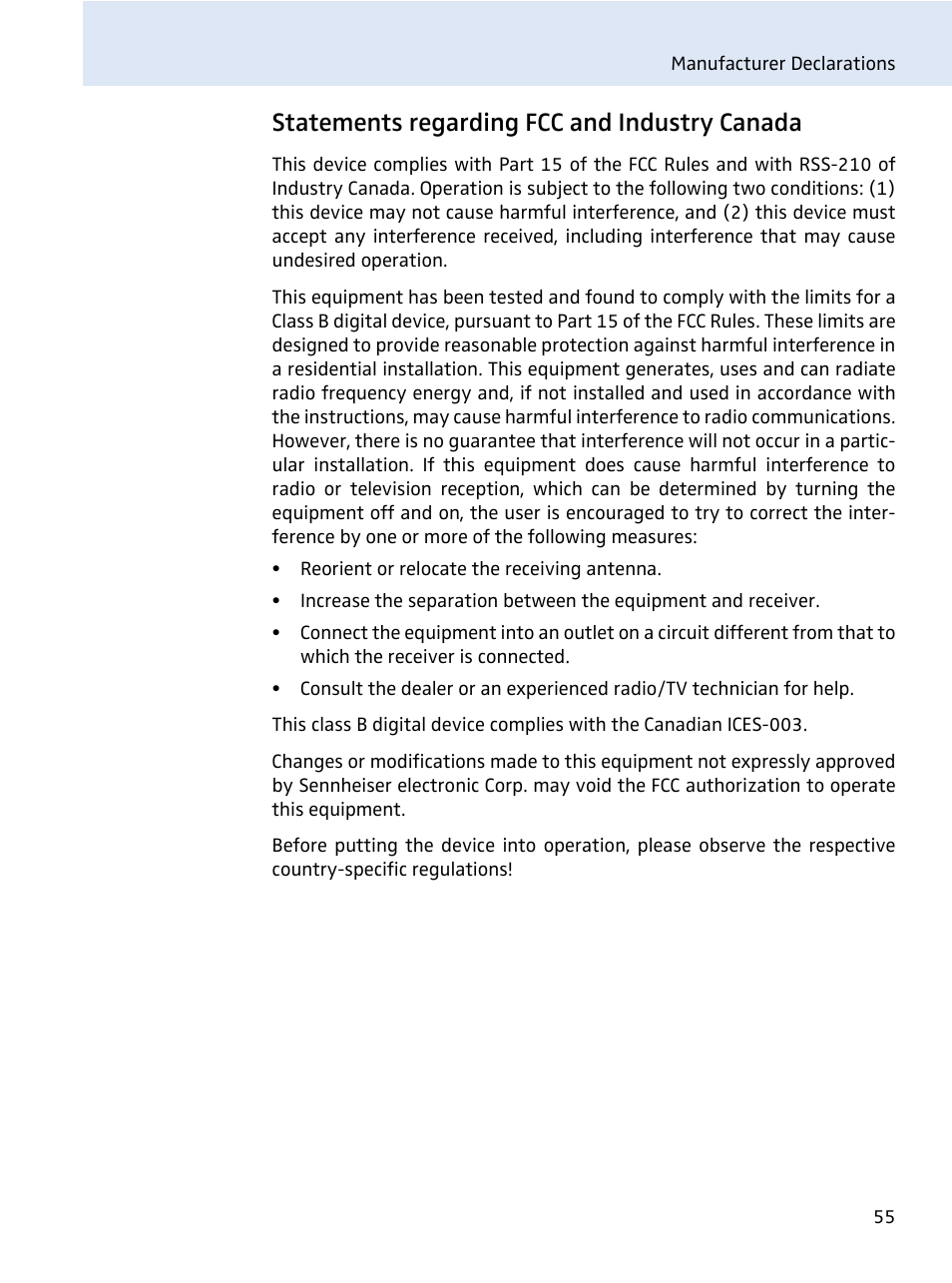 Statements regarding fcc and industry canada | Sennheiser evolution wireless series EM 100 User Manual | Page 56 / 59