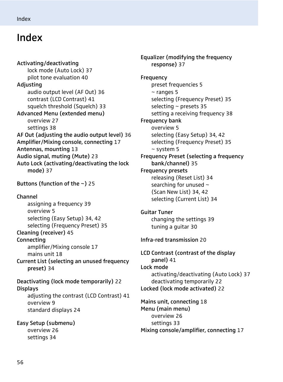 Index | Sennheiser evolution wireless series EM 100 User Manual | Page 57 / 59