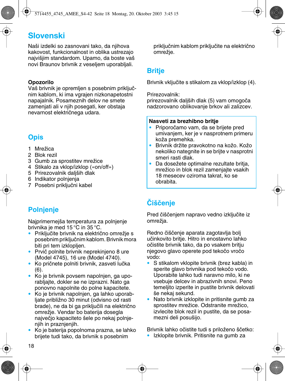 Slovenski, Opis, Polnjenje | Britje, Âi‰ãenje | Braun 4745 User Manual | Page 18 / 39