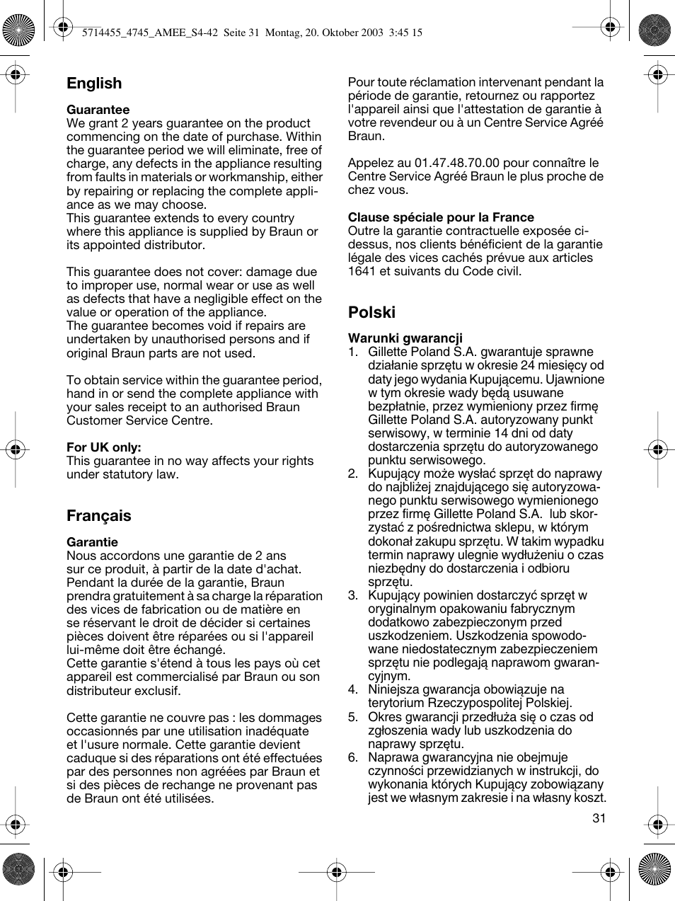 English, Français, Polski | Braun 4745 User Manual | Page 31 / 39
