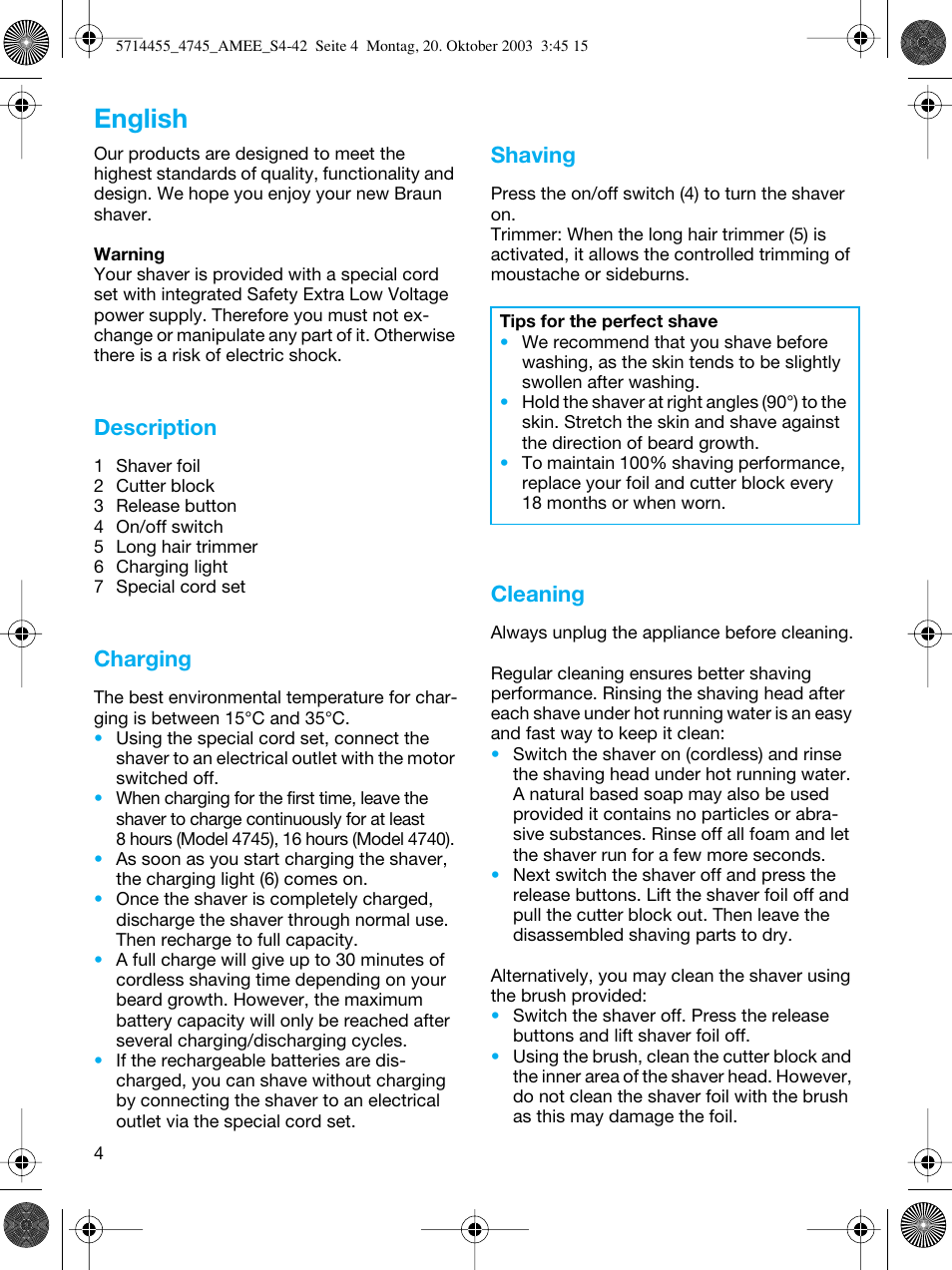 English, Description, Charging | Shaving, Cleaning | Braun 4745 User Manual | Page 4 / 39