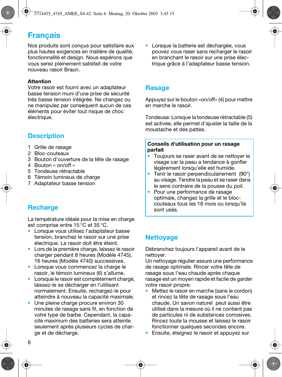 Français, Description, Recharge | Rasage, Nettoyage | Braun 4745 User Manual | Page 6 / 39