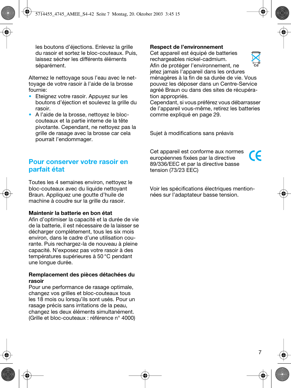 Pour conserver votre rasoir en parfait état | Braun 4745 User Manual | Page 7 / 39