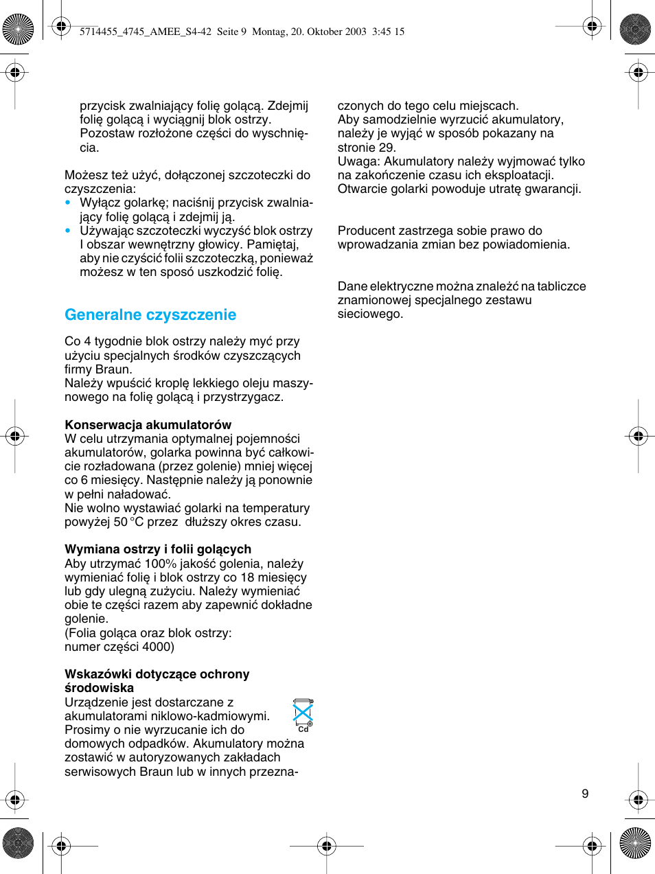 Generalne czyszczenie | Braun 4745 User Manual | Page 9 / 39