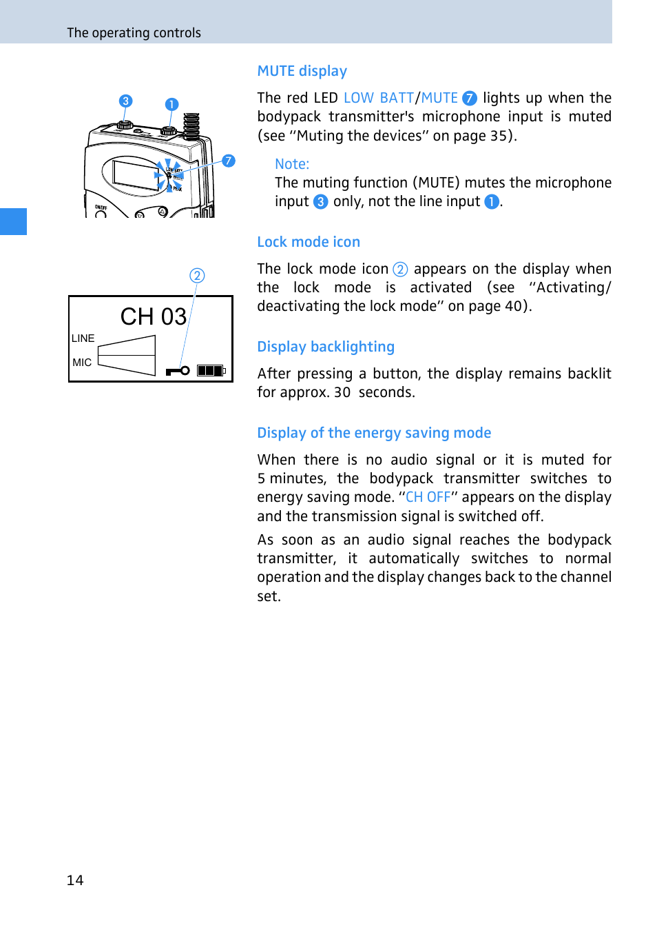 Mute display, Lock mode icon, Display backlighting | Display of the energy saving mode, Ch 03 | Sennheiser 2020 User Manual | Page 16 / 60
