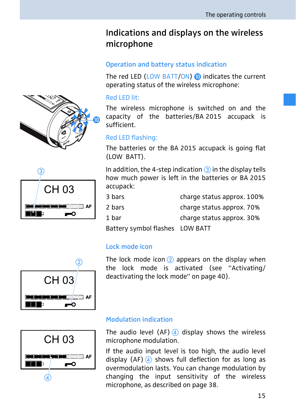 Operation and battery status indication, Lock mode icon, Modulation indication | Ch 03 | Sennheiser 2020 User Manual | Page 17 / 60