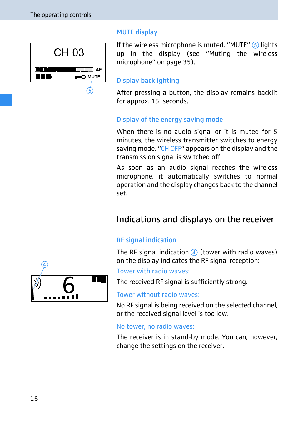 Mute display, Display backlighting, Display of the energy saving mode | Indications and displays on the receiver, Rf signal indication, Ch 03 | Sennheiser 2020 User Manual | Page 18 / 60