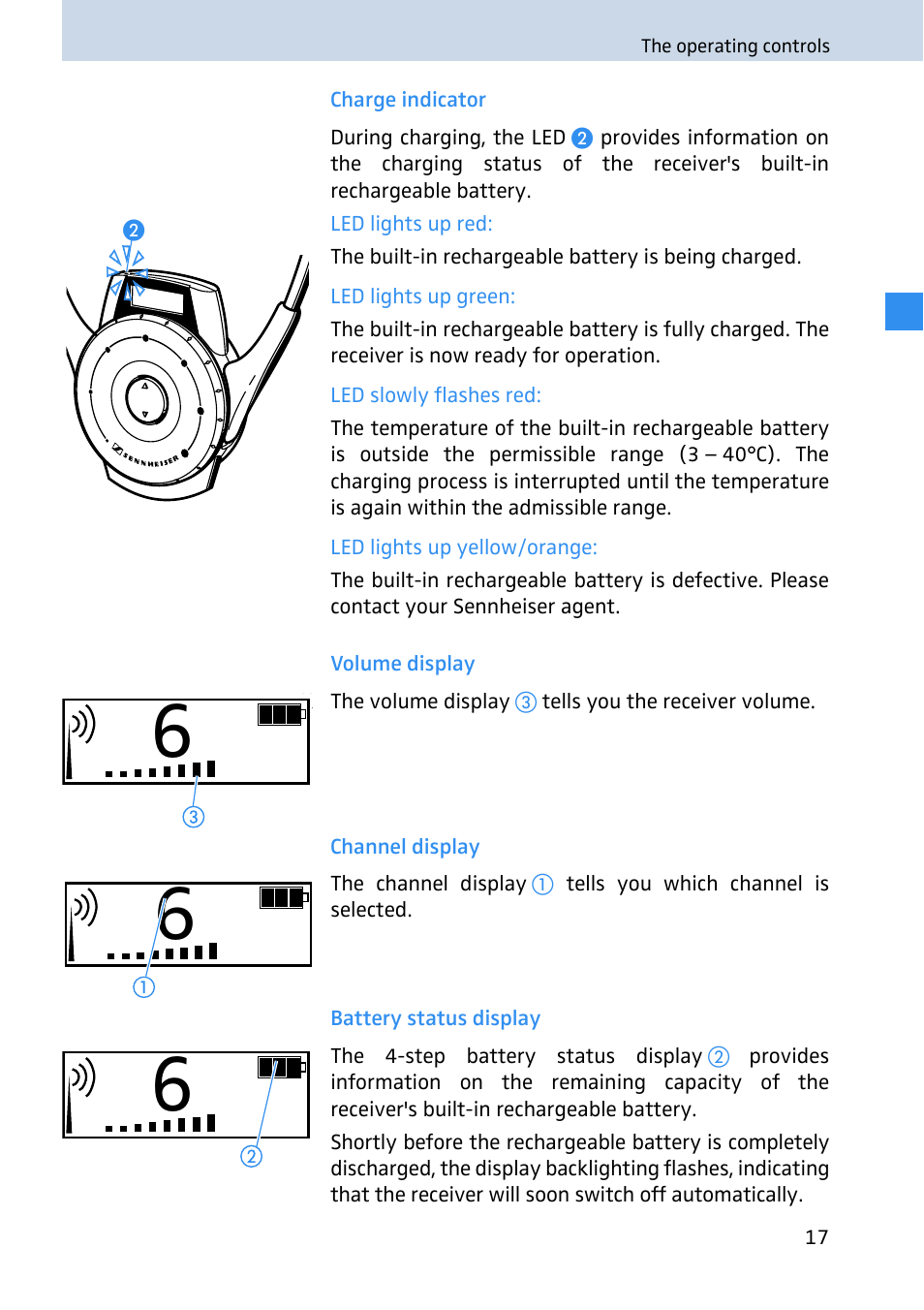 Charge indicator, Volume display, Channel display | Battery status display | Sennheiser 2020 User Manual | Page 19 / 60