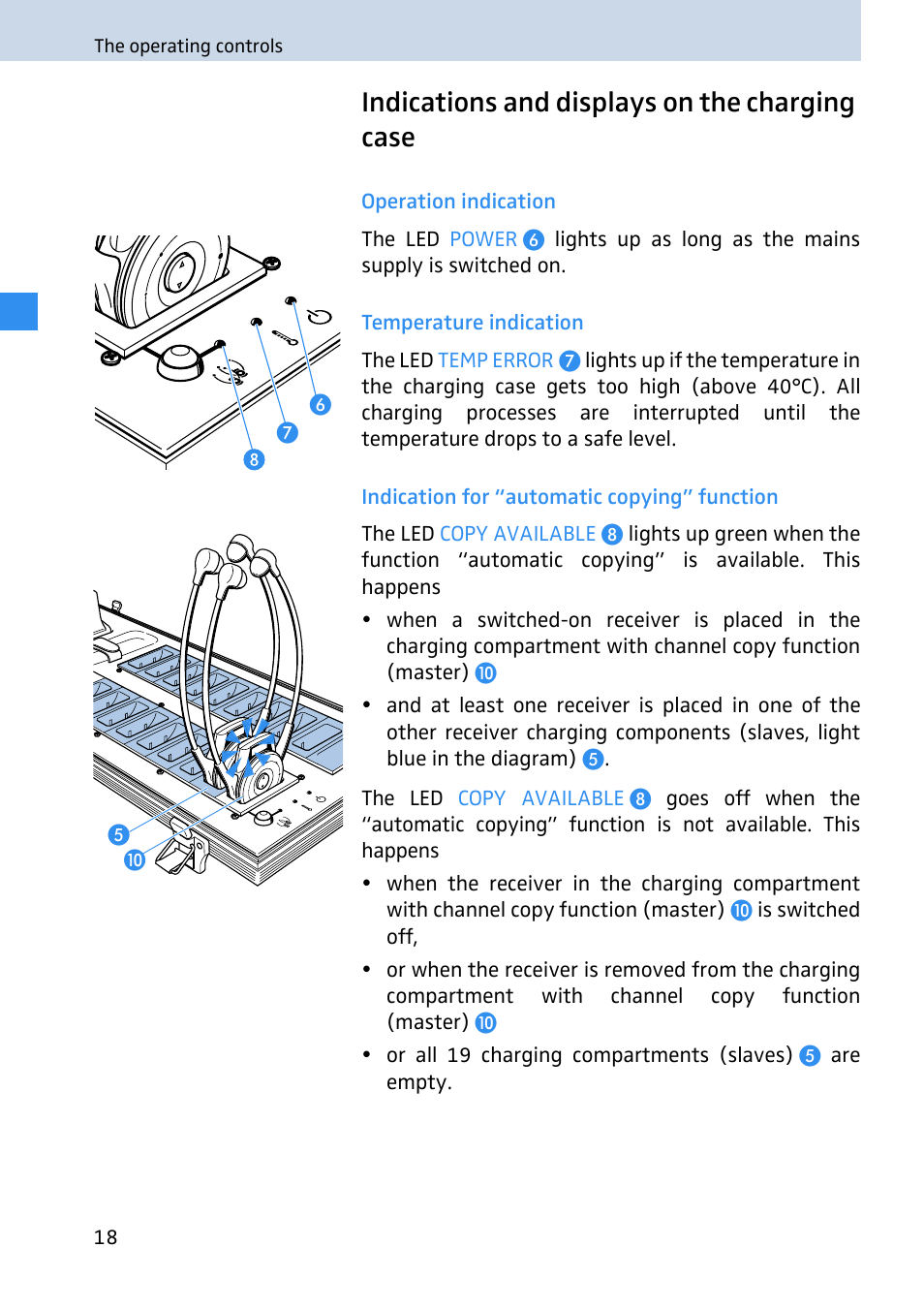 Indications and displays on the charging case, Operation indication, Temperature indication | Indication for “automatic copying” function | Sennheiser 2020 User Manual | Page 20 / 60