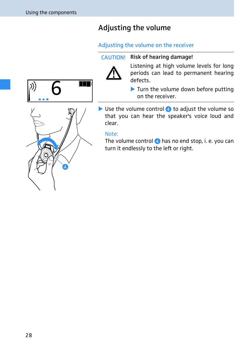 Adjusting the volume, Adjusting the volume on the receiver | Sennheiser 2020 User Manual | Page 30 / 60