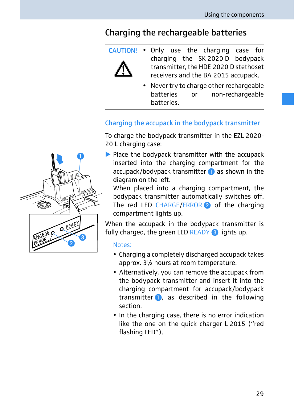 Charging the rechargeable batteries, Charging the accupack in the bodypack transmitter | Sennheiser 2020 User Manual | Page 31 / 60