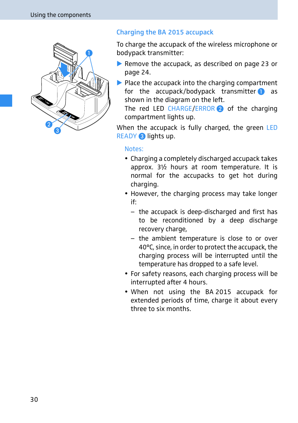 Charging the ba 2015 accupack | Sennheiser 2020 User Manual | Page 32 / 60