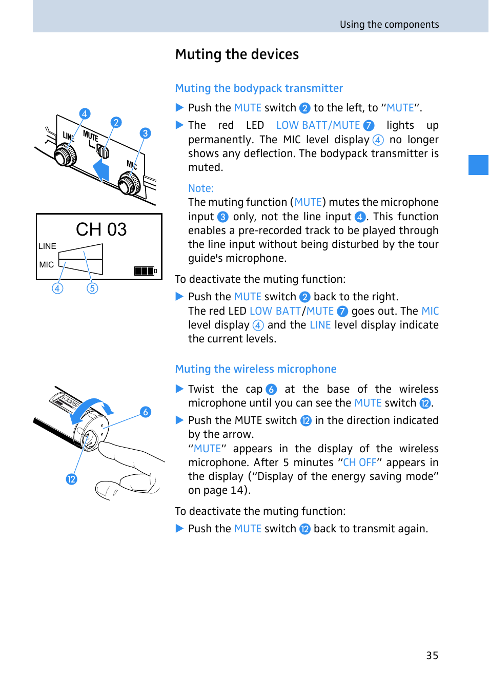Muting the devices, Muting the bodypack transmitter, Muting the wireless microphone | Ch 03 | Sennheiser 2020 User Manual | Page 37 / 60