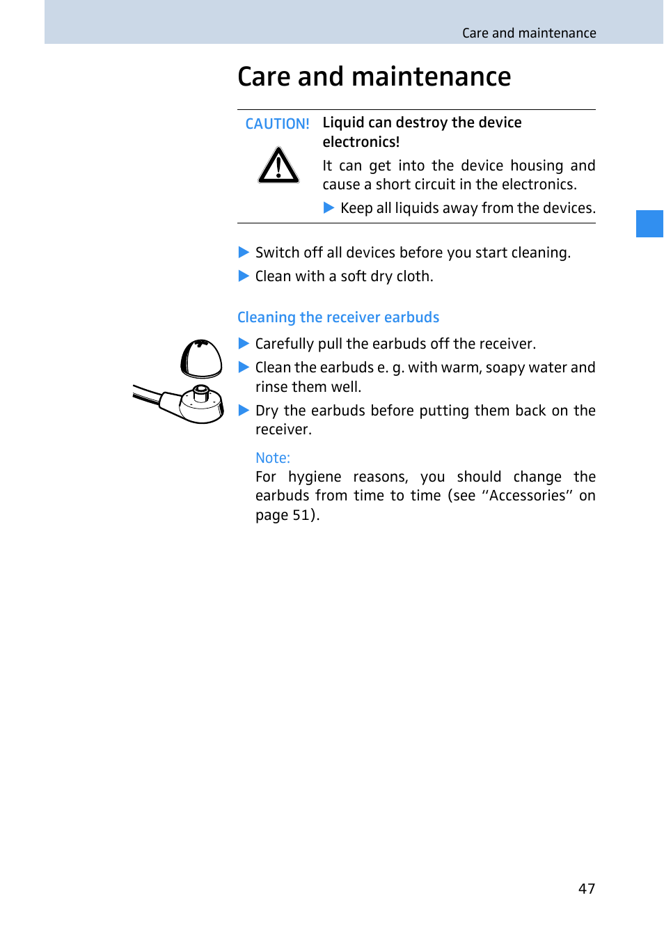 Care and maintenance, Cleaning the receiver earbuds | Sennheiser 2020 User Manual | Page 49 / 60