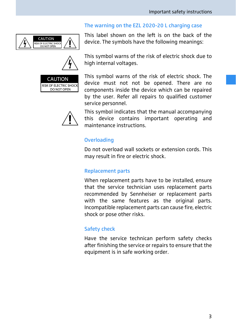 The warning on the ezl 2020-20 l charging case, Overloading, Replacement parts | Safety check | Sennheiser 2020 User Manual | Page 5 / 60