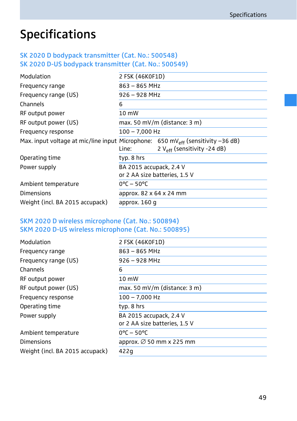 Specifications | Sennheiser 2020 User Manual | Page 51 / 60