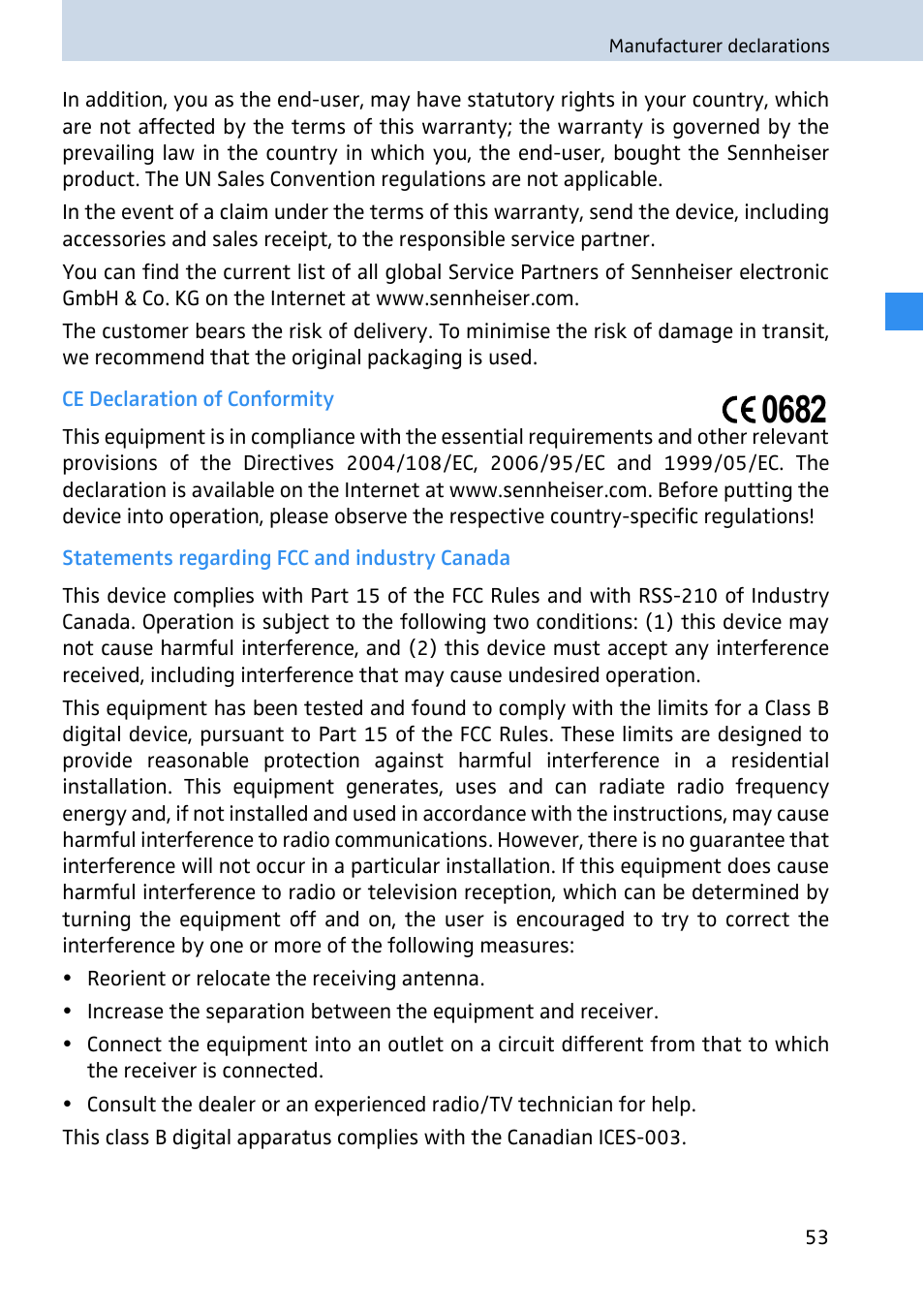 Ce declaration of conformity, Statements regarding fcc and industry canada | Sennheiser 2020 User Manual | Page 55 / 60
