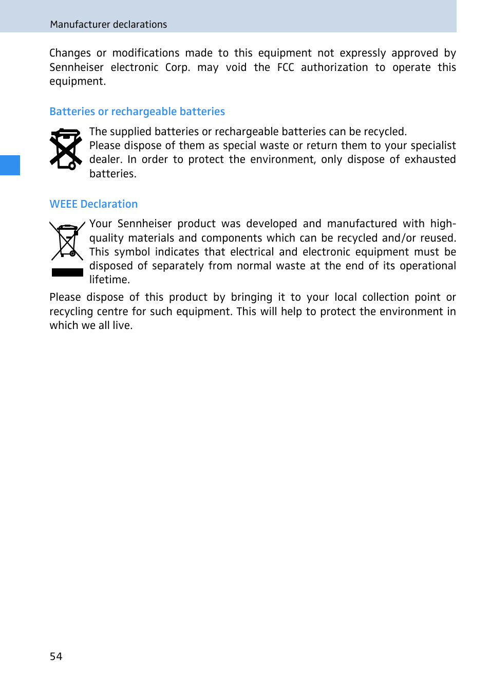 Batteries or rechargeable batteries, Weee declaration | Sennheiser 2020 User Manual | Page 56 / 60