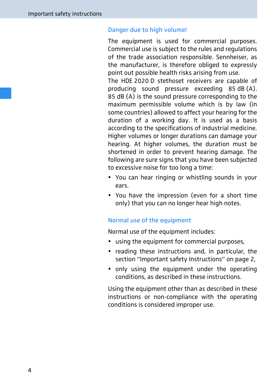 Danger due to high volume, Normal use of the equipment | Sennheiser 2020 User Manual | Page 6 / 60