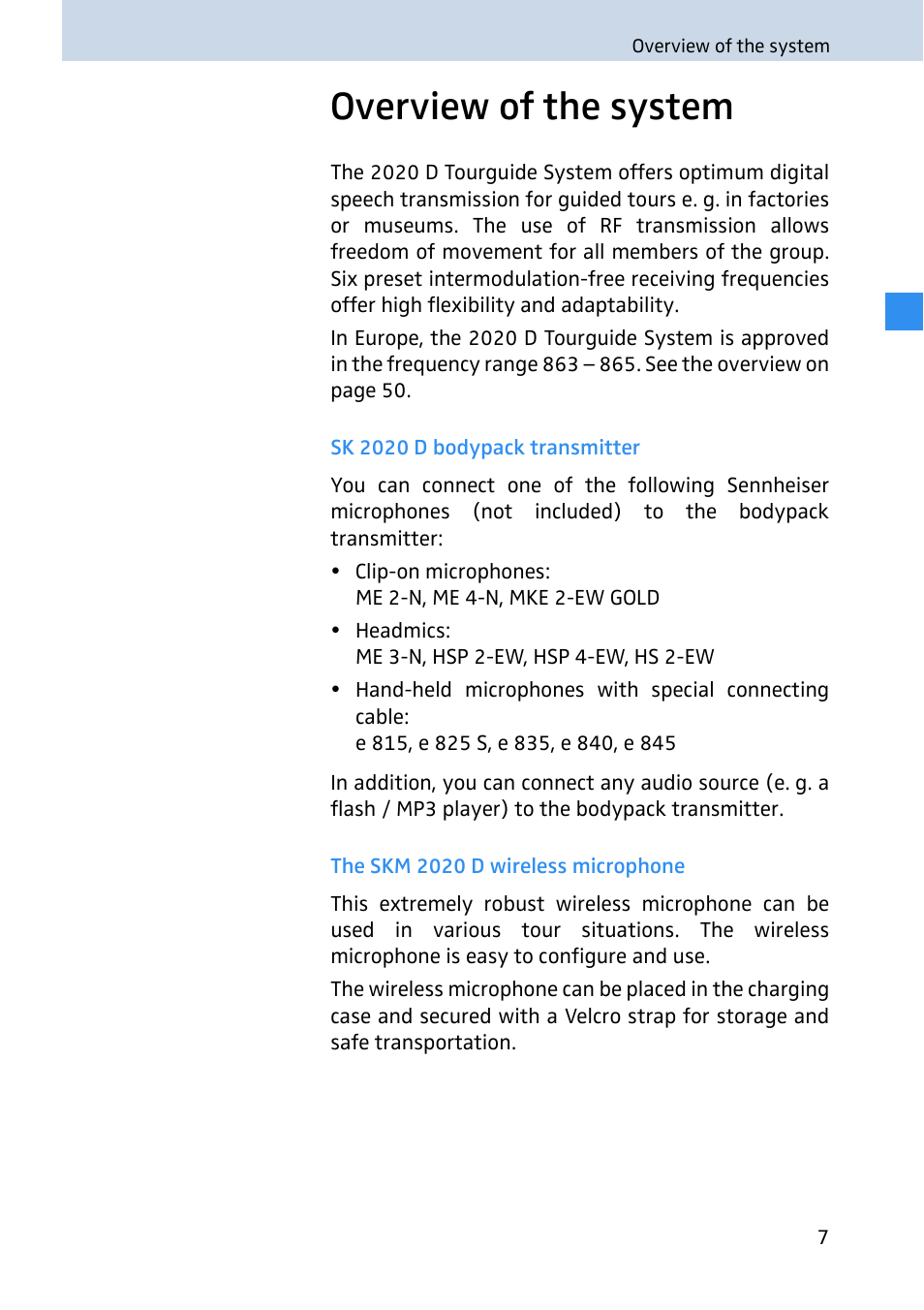Overview of the system, Sk 2020 d bodypack transmitter, The skm 2020 d wireless microphone | Sennheiser 2020 User Manual | Page 9 / 60