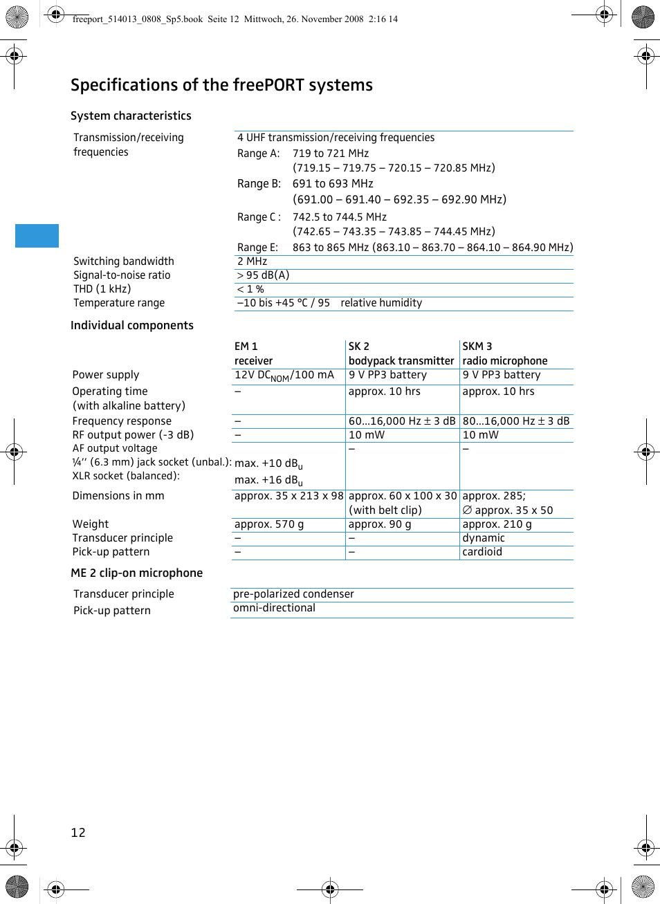 Specifications of the freeport systems | Sennheiser Freeport User Manual | Page 13 / 16