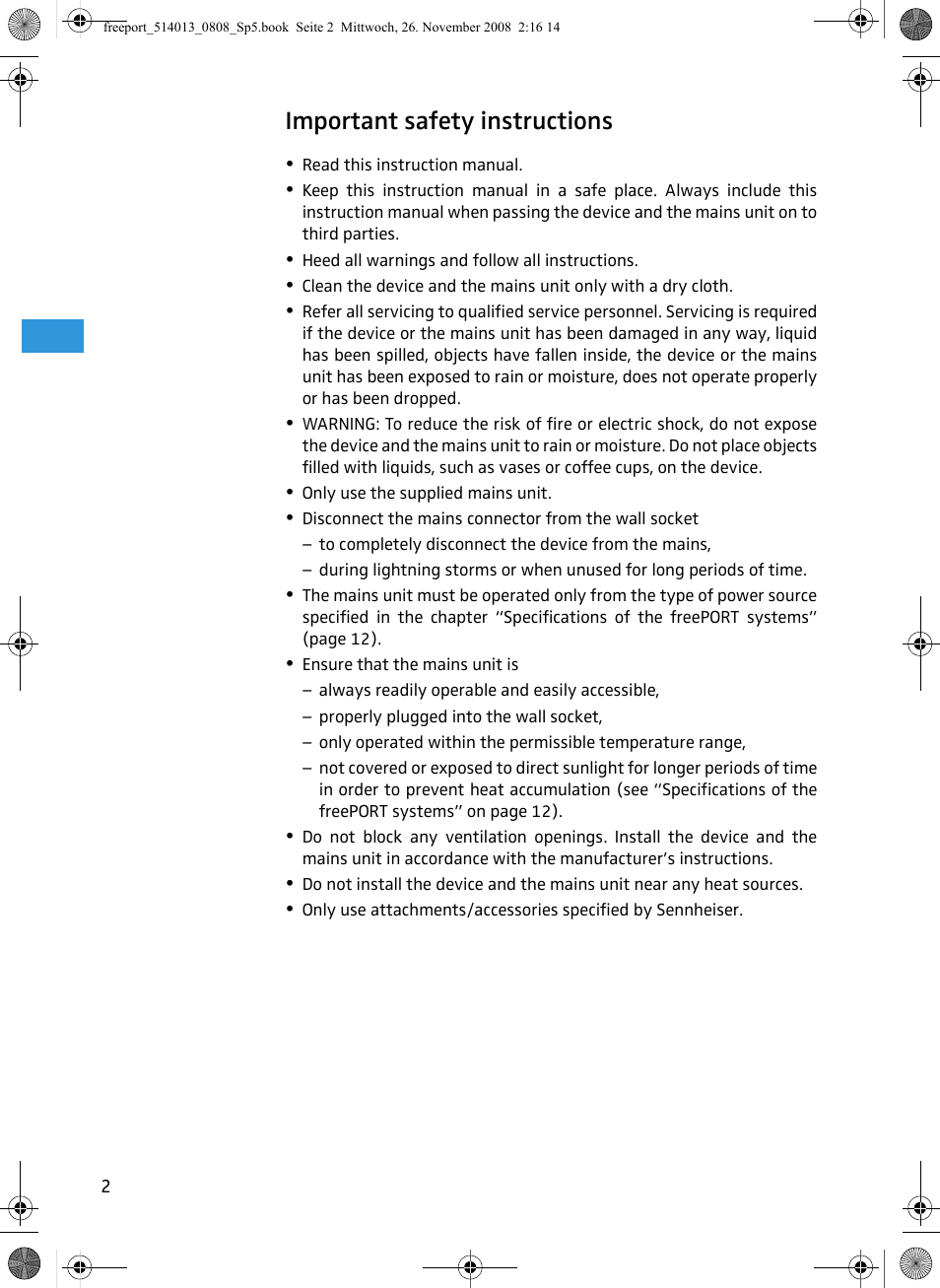 Important safety instructions | Sennheiser Freeport User Manual | Page 3 / 16