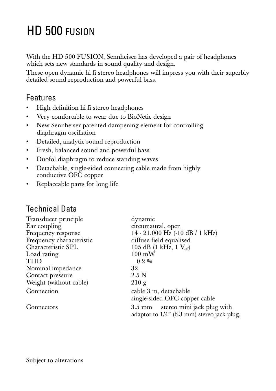 Instructions for use, Hd 500, Fusion | Features, Technical data | Sennheiser FUSION HD 500 User Manual | Page 3 / 8