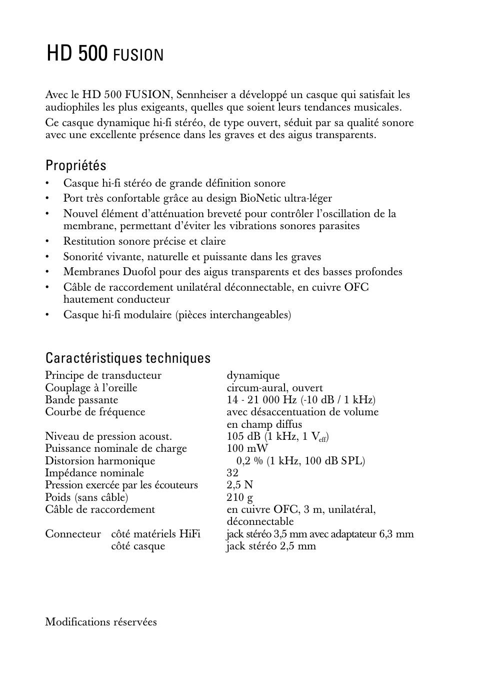 Notice d'emploi, Hd 500, Fusion | Propriétés, Caractéristiques techniques | Sennheiser FUSION HD 500 User Manual | Page 4 / 8