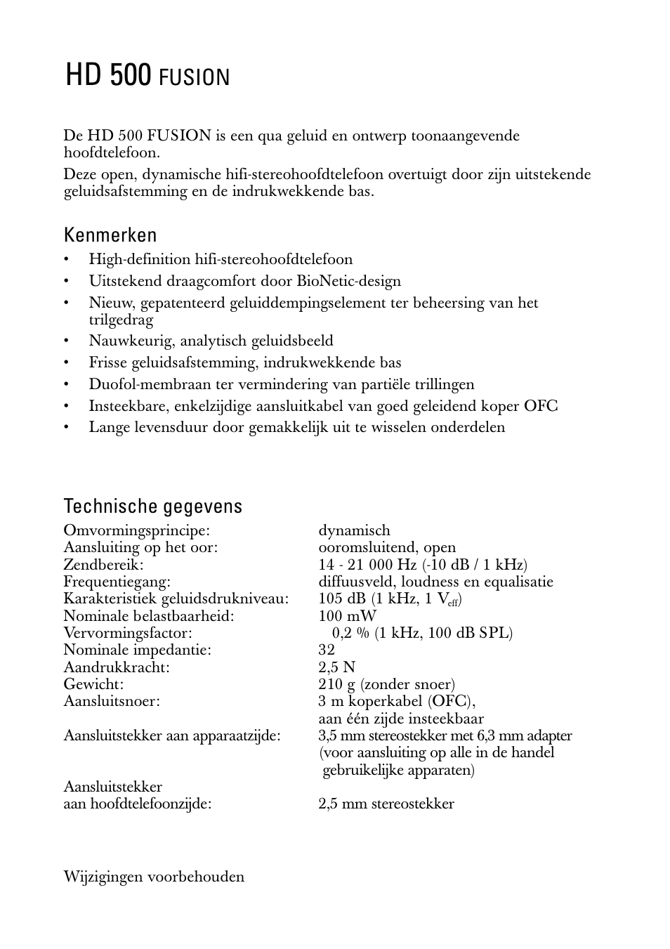 Gebruiksaanwijzung, Hd 500, Fusion | Kenmerken, Technische gegevens | Sennheiser FUSION HD 500 User Manual | Page 7 / 8