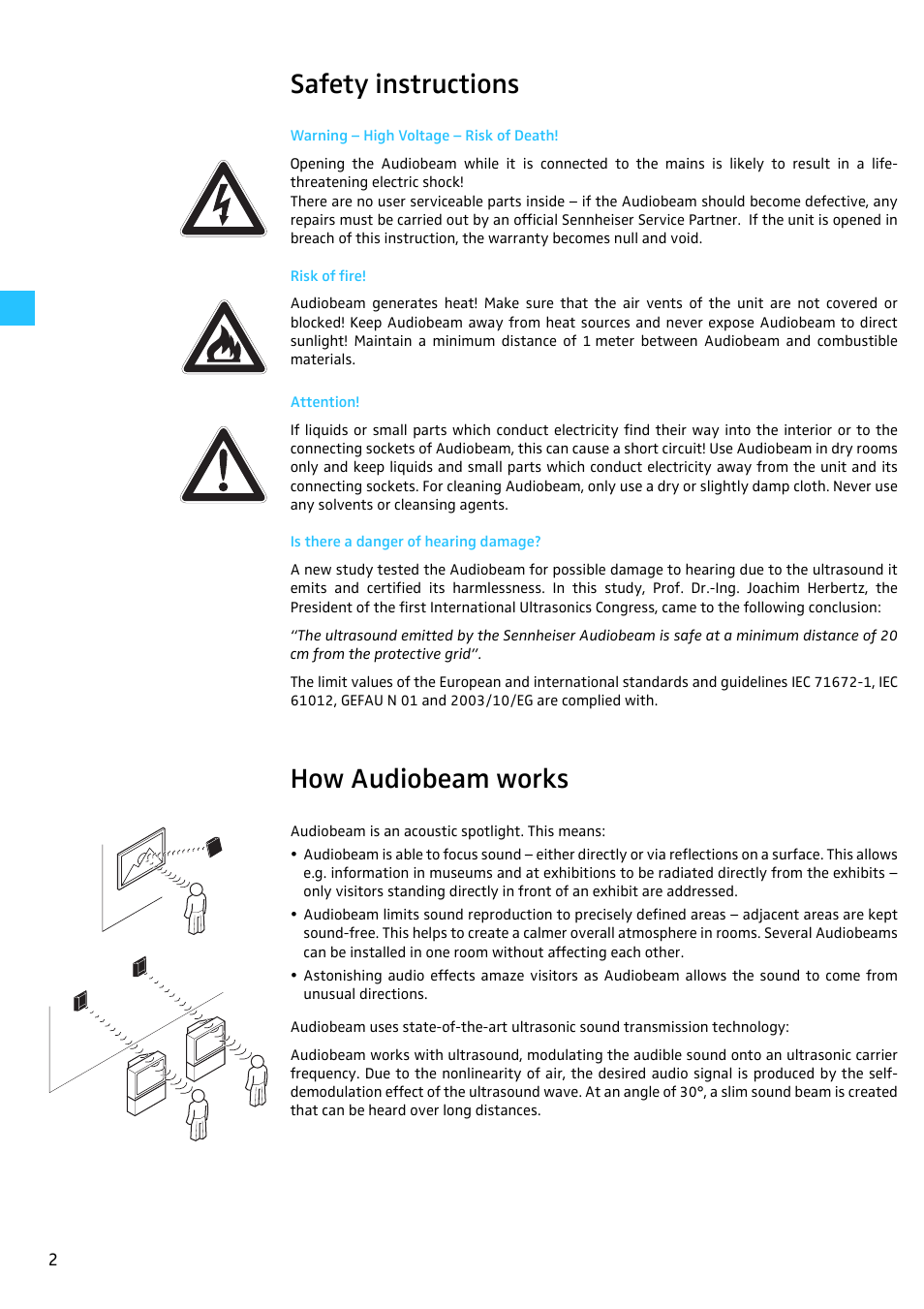 Safety instructions, Warning - high voltage - risk of death, Risk of fire | Attention, Is there a danger of hearing damage, How audiobeam works | Sennheiser Audiobeam User Manual | Page 4 / 10