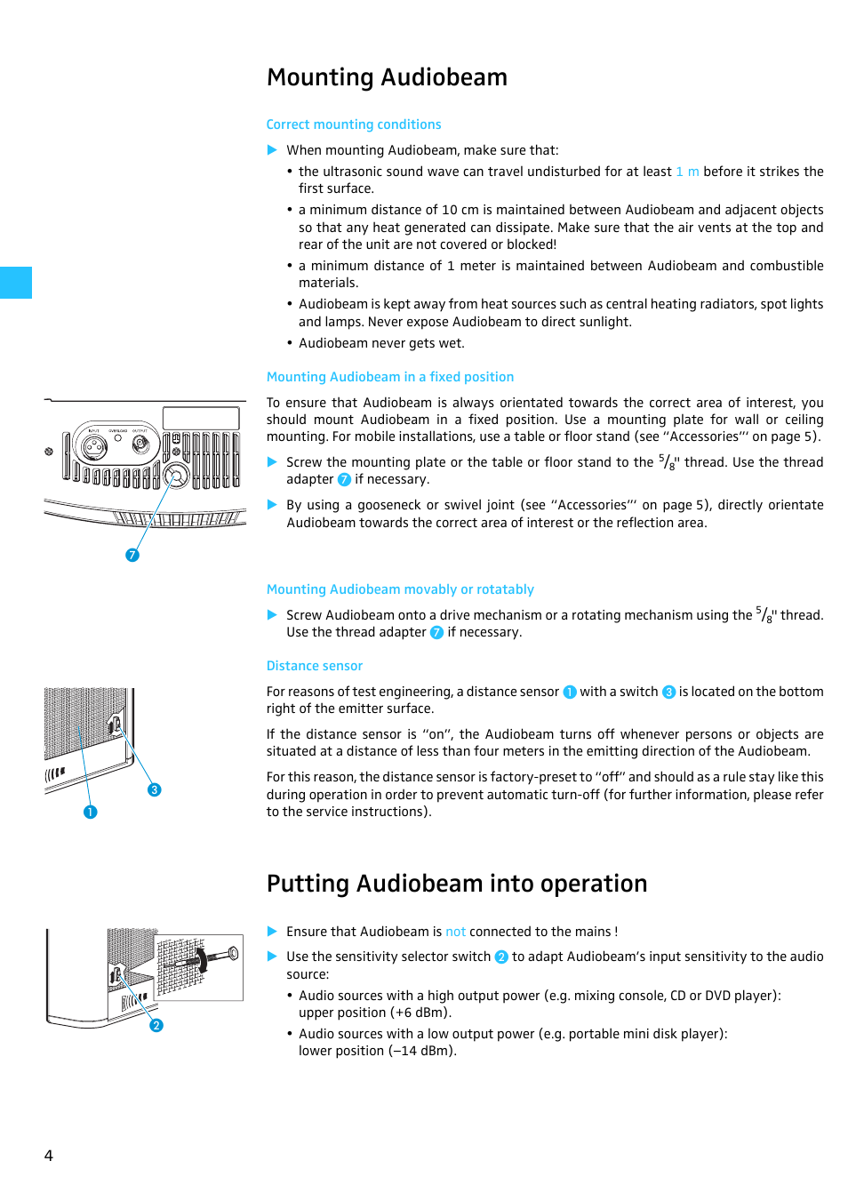 Mounting audiobeam, Correct mounting conditions, Mounting audiobeam in a fixed position | Mounting audiobeam movably or rotatably, Distance sensor, Putting audiobeam into operation | Sennheiser Audiobeam User Manual | Page 6 / 10