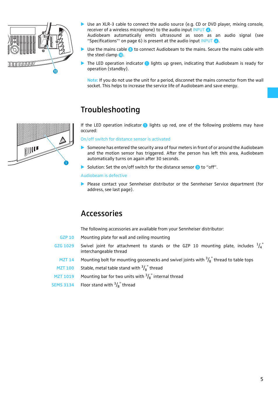 Troubleshooting, Accessories | Sennheiser Audiobeam User Manual | Page 7 / 10