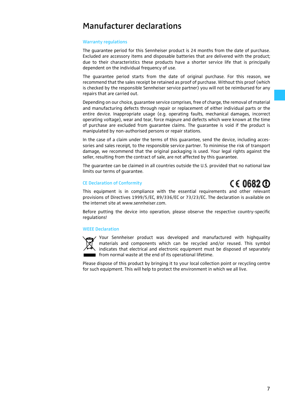 Manufacturer declarations, Warranty regulations, Ce declaration of conformity | Weee declaration | Sennheiser Audiobeam User Manual | Page 9 / 10