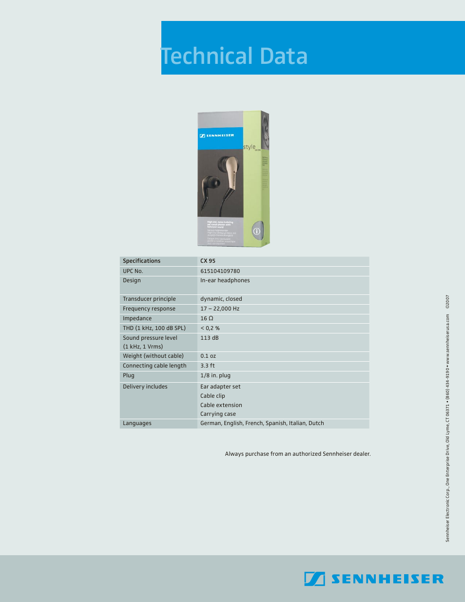 Technical data | Sennheiser CX 95 User Manual | Page 2 / 2