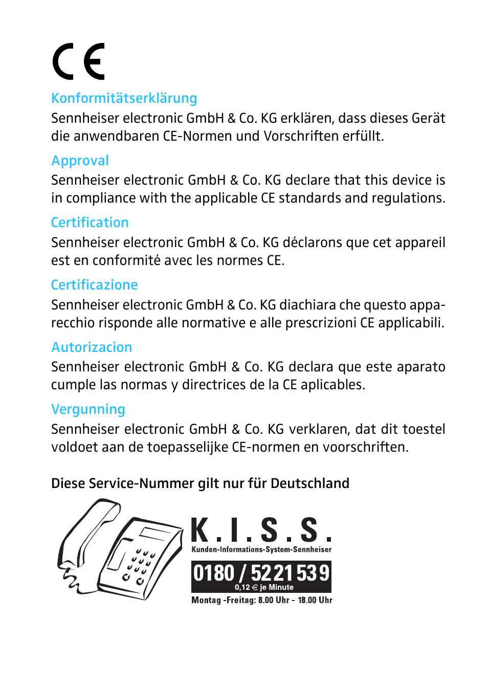 Konformitätserklärung, Approval, Certification | Certificazione, Autorizacion, Vergunning | Sennheiser 602 User Manual | Page 9 / 10