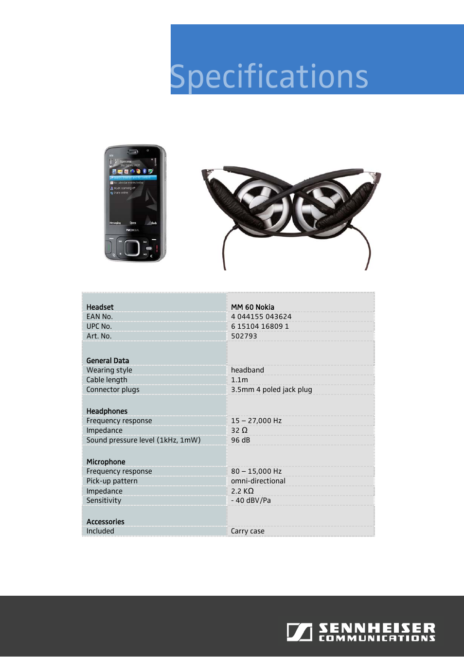 Specifications | Sennheiser m@m 60 User Manual | Page 2 / 2