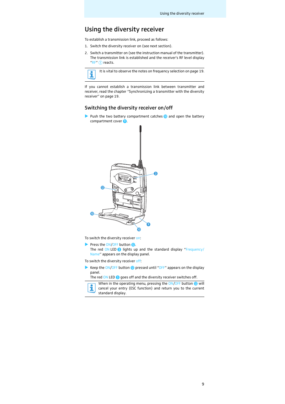 Using the diversity receiver, Switching the diversity receiver on/off | Sennheiser Diversity Receiver EK 100 G3 User Manual | Page 10 / 28