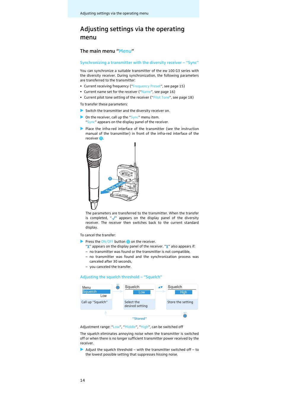 Adjusting settings via the operating menu, The main menu “menu, The main menu “ menu | Sennheiser Diversity Receiver EK 100 G3 User Manual | Page 15 / 28