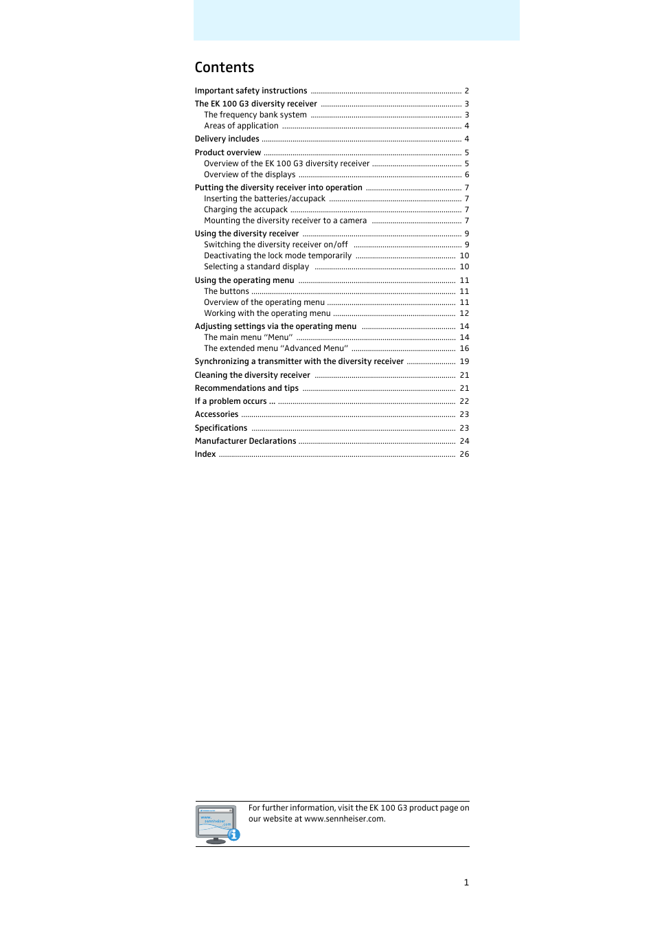 Sennheiser Diversity Receiver EK 100 G3 User Manual | Page 2 / 28
