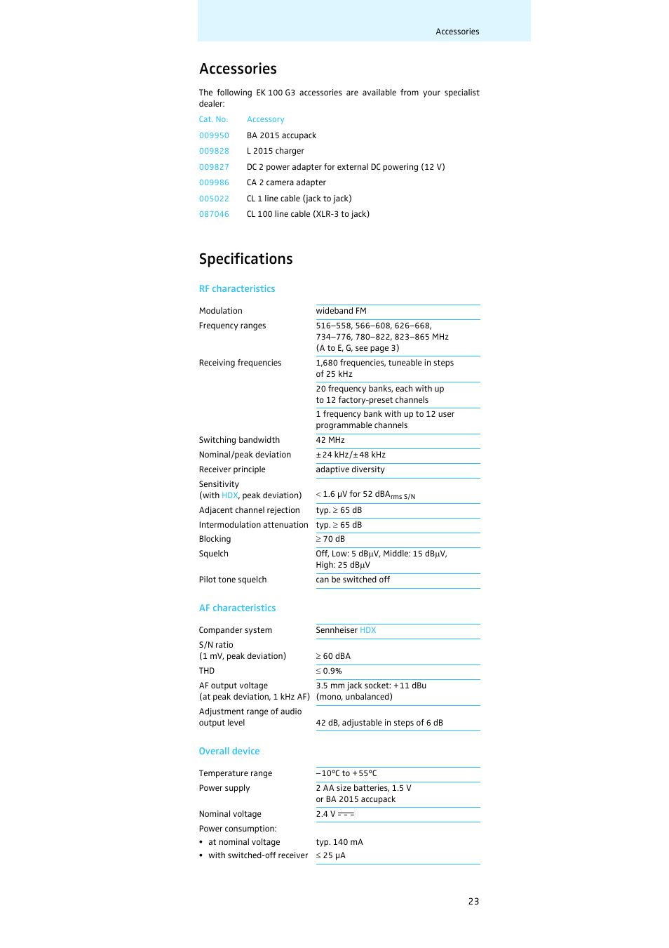 Accessories, Specifications | Sennheiser Diversity Receiver EK 100 G3 User Manual | Page 24 / 28