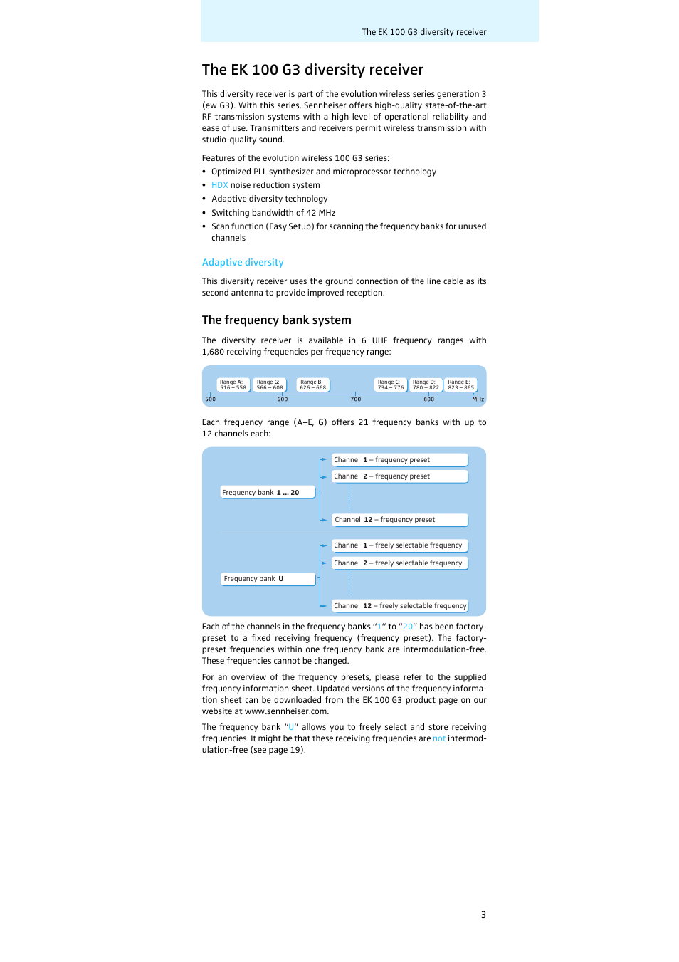 The ek 100 g3 diversity receiver, The frequency bank system | Sennheiser Diversity Receiver EK 100 G3 User Manual | Page 4 / 28