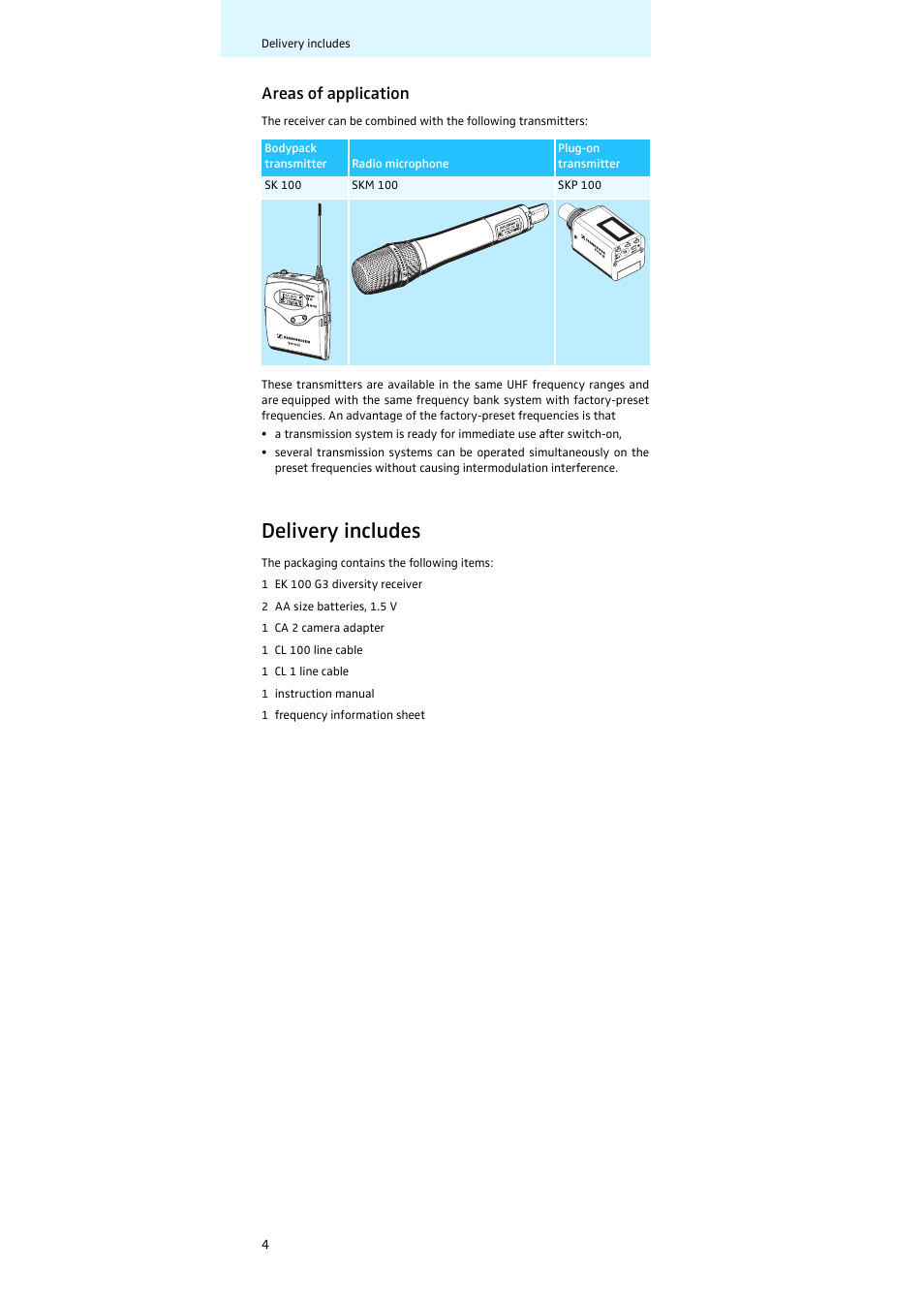 Areas of application, Delivery includes | Sennheiser Diversity Receiver EK 100 G3 User Manual | Page 5 / 28