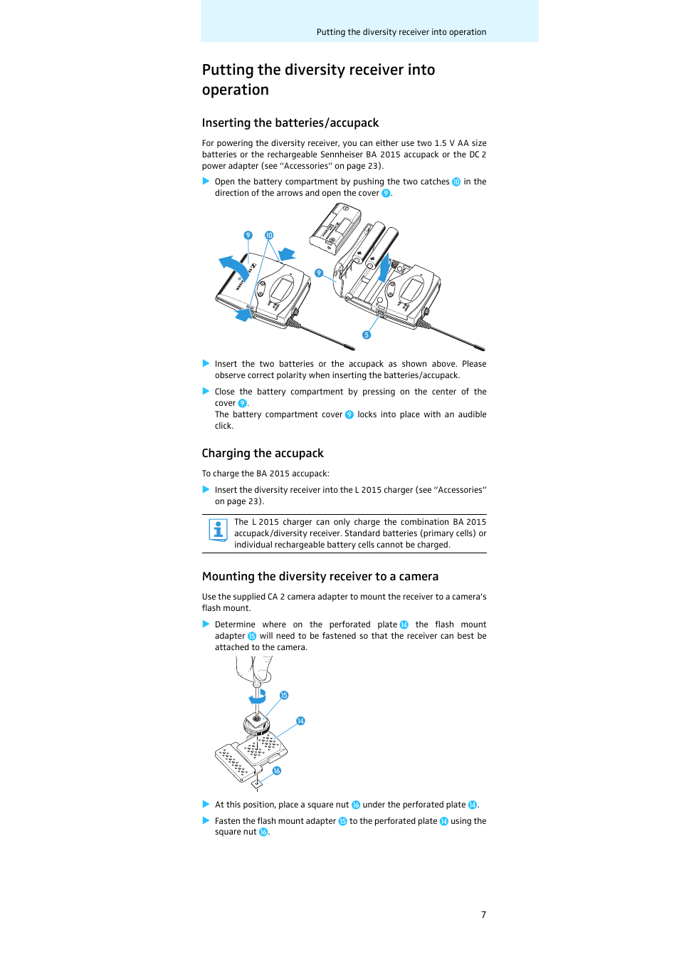 Putting the diversity receiver into operation, Inserting the batteries/accupack, Charging the accupack | Mounting the diversity receiver to a camera | Sennheiser Diversity Receiver EK 100 G3 User Manual | Page 8 / 28