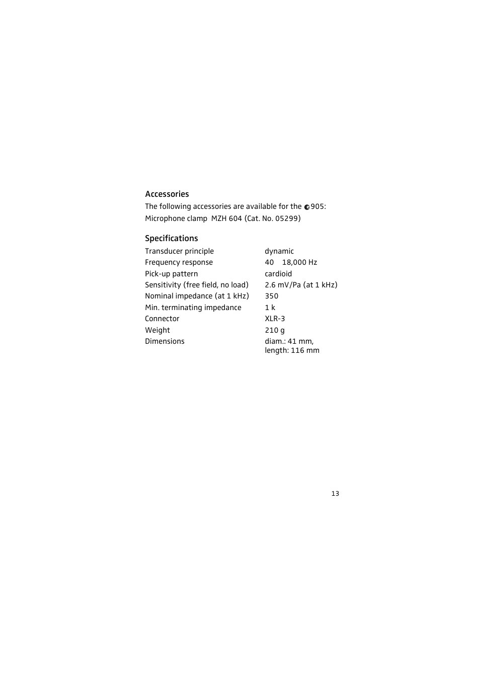 Accessories, Specifications | Sennheiser 905 User Manual | Page 13 / 40