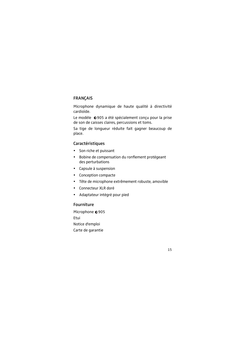Français, Caractéristiques, Fourniture | Sennheiser 905 User Manual | Page 15 / 40