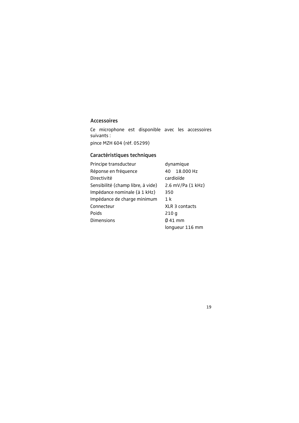 Accessoires, Caractéristiques techniques | Sennheiser 905 User Manual | Page 19 / 40