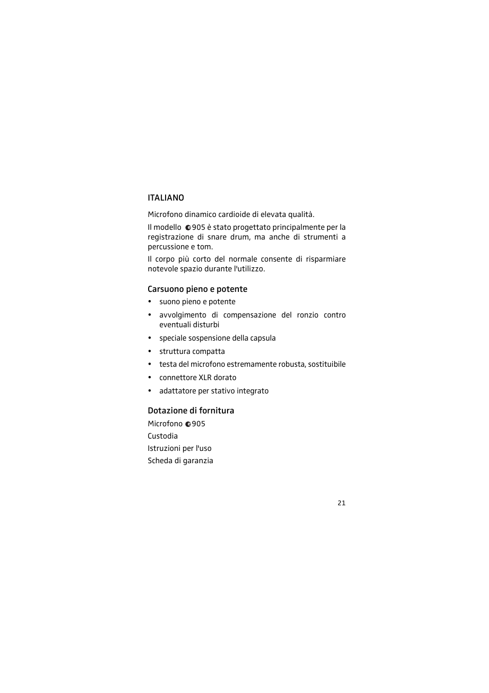 Italiano, Carsuono pieno e potente, Dotazione di fornitura | Sennheiser 905 User Manual | Page 21 / 40